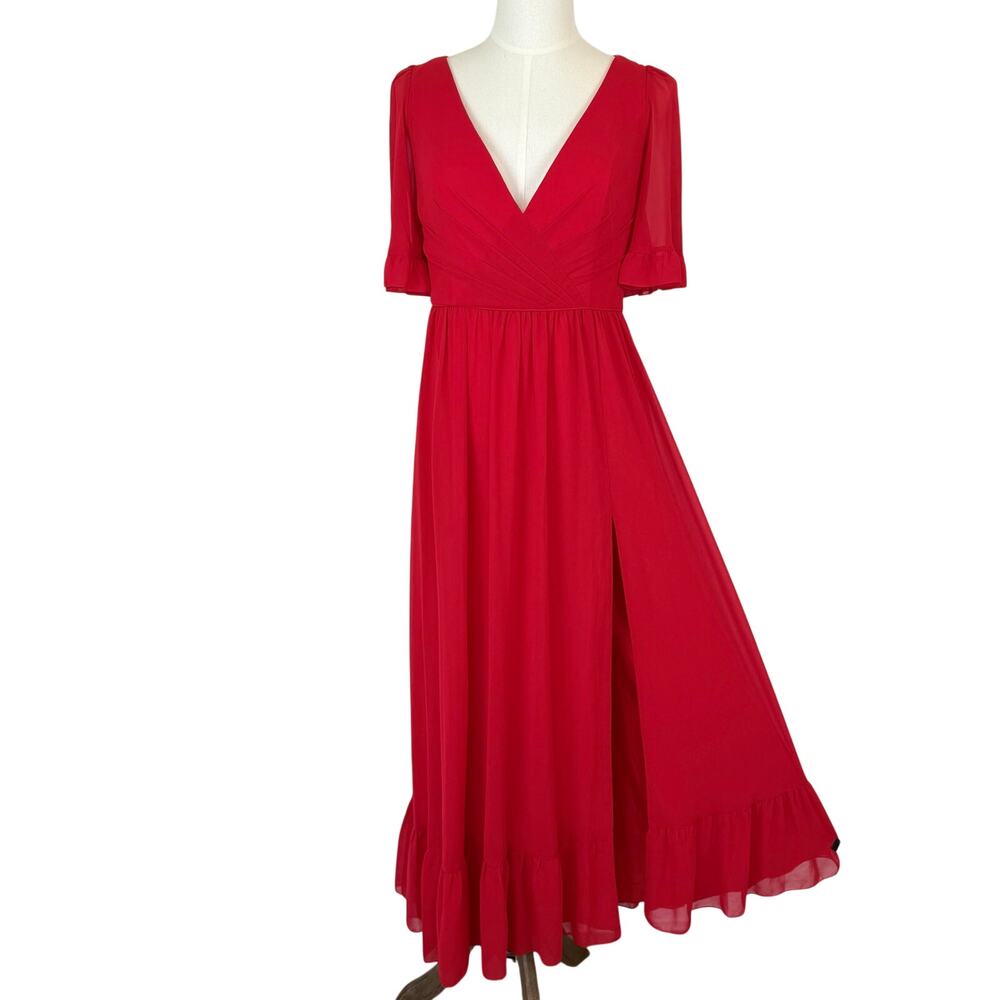 Ieena for Mac Duggal Ruffle Trim Faux Wrap A Line Gown Red Maxi Dress 14 NWT